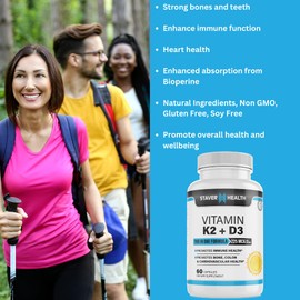 Staver Health Vitamin K2 D3 w/Calcium and Bioperine, Vitamin K2 (MK7) with D3 Supplement Non-GMO, Vitamin D3, Vitamin K2 MK-7 Easy to Swallow Vitamin D & K Complex, 60 Capsules