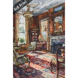 Colonial house with period decor watercolor Art 4x6 Print