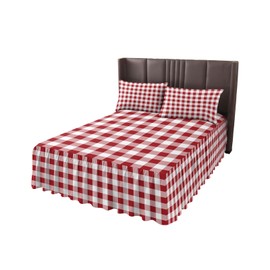 King Size Ruffled Bed Skirt with 18' Drop, Red White Buffalo Plaid Wrap Around Skirt with 2 Pillow Shams, Easy Fit Fade Resistant Dust Ruffle
