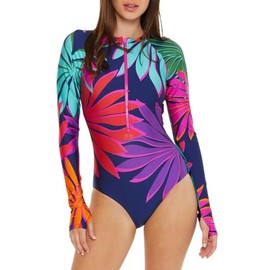 Trina Turk Women's Standard Wailea Zip-Up One Piece Swimsuit, Tropical Print, Bathing Suits, Multicolor