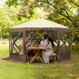 Hipicute Pop Up Gazebo,10 X 10 Ft Portable Outdoor Camping Pop Up Canopy Screen Tent with Mosquito Netting Gazebo,Waterproof 6 Sidewalls,Ground Stakes,Carry Bag for Lawn, Garden, Backyard(Brown)