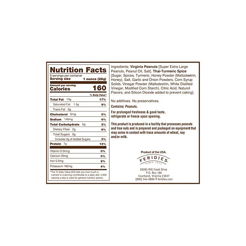 FERIDIES Virginia Peanuts, Thai Turmeric Chili Flavor, 9 Oz, All