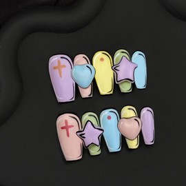 GREENTEA Handmade nail press on false nail,Calm Day Colorful Press Nail Set, Assorted Shapes and Crosses, High End Customization,Size-M