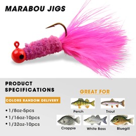 Marabou Jigs Fishing Lure,25pcs Hair Feather Jig Heads Hooks 1/32oz 1/16oz 1/8oz for Panfish Sunfish Bluegill Trout Walleye Bass Jigs