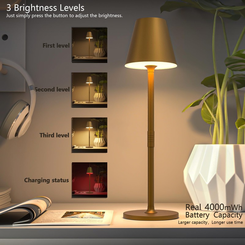 Timjorman LED CordlessTable Lamp,4000mAh Rechargeable Battery Desk lamp,3 Level Brightness