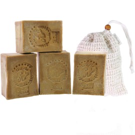 TUMELO Original Aleppo Soap 4 x 200 g (800 g) 90% Olive Oil 10% Laurel Oil + Sisal Soap Bag, Handmade Olive Oil Soap Natural Soap