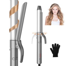 Rotating Curling Iron Automatic - 1.25 Inch Self-Curling Hair Curler for Long Hair, 30s Fast Heat Up, 5 Temp Settings & Dual Voltage for Beach Natural Waves & Bouncy Curls (Silver White)