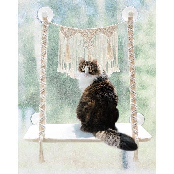 Dahey Macrame Cat Window Perch Boho Cat Hammock Wall Mounted