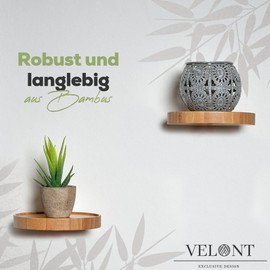VELONT Round Wall Shelf, Diameter 15 cm, Set of 2, Floating Bamboo, 7 kg Load Capacity, Room Decoration & Plant Presentation, Includes Free Mounting Kit, Sustainable & Modern, for Any Room, German