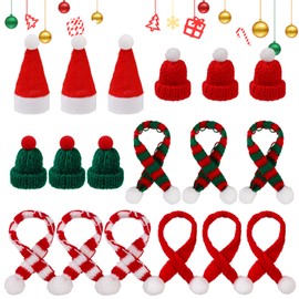 18 Pcs Mini Santa Hats and Scarves Set, Knitted Mini Christmas Hat Bottle Cap, Knitting Xmas Mini Hat Decorations for Crafts, Tree, Snowman, Bottles, and Pets, Christmas Knitted Mini Accessories