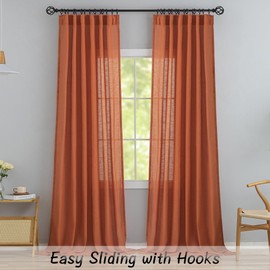 Burnt Orange Linen Back Tab Curtains 144 Inches Extra Long Ceiling to Floor for Villa Rustic - 2 Panels Hooks Belt Pinch Pleated Easy Sliding Curtains Light Filtering Semi Privacy Sheer Drapres
