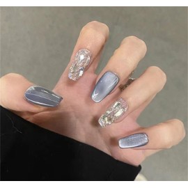 POKENGDA Prsess on Nails Short-Fake Nails Coffin Press-On Nails,Glitter Nail Designs Blue False Nails Gradients Acrylic Nails Easy-On Nails Rhinestones Nail Art for Women