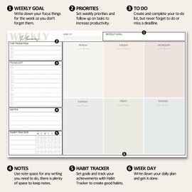 BIROYAL Weekly Planner Notepad - Tear Off Planning Pad with Daily Schedule & Calendar, Top Priorities Check Box, To Do List, Notes and Habit Tracker, 50 Sheets, 120gsm Paper, Undated, 8x11 in
