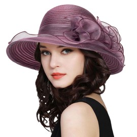 Kentucky Fascinator for Women Organza Bell Bowler Hat Cocktail Tea Party Wedding Sun Hat, dark purple