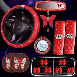 Dotesy 16 Pcs Bling Car Steering Wheel Cover Set with Crystal Seatbelt Shoulder Pads Diamond Butterfly Car Accessories for Women (Red)