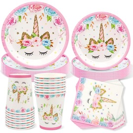 YASYU 64 Pcs Unicorn Party Tableware Set - Disposable Includes Paper Plates, Cups and Napkins for 16 Kids, Ideal for Birthday, Baby Shower, Pink Unicorn Table Decorations