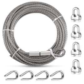 1/4" Steel Rope 1/4 Stainless Steel Cable Wire Rope Clamps Aircraft Cable Wrinch with Clamps and Thimble, 7X19 Strands Yard Zipline, Deck Railing, 6400lbs Breaking Strength, 50ft
