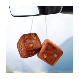NYTKL Pair Fuzzy Plush Dice for Car Mirror, 3" Retro Square Rearview Mirror Ornament with Heart Shape Pattern, Vintage Hanging Dice Soft Couple Pendant Interior Decor for Women (Coffee)