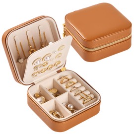 DAWNTREES Travel Jewelry Box, Portable Travel Jewelry Storage Box PU Leather Ring Earrings Necklace Bracelet Women Jewelry Girls (Brown)
