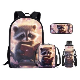 Ystardream Book Raccoon Backpack for Girls Kids Backpack with Lunch Box Water Bottle Holder and Soft Pencil Case 4PCS Set Bookbag with Front Pocket for School 17 inch Large Capacity School Bag