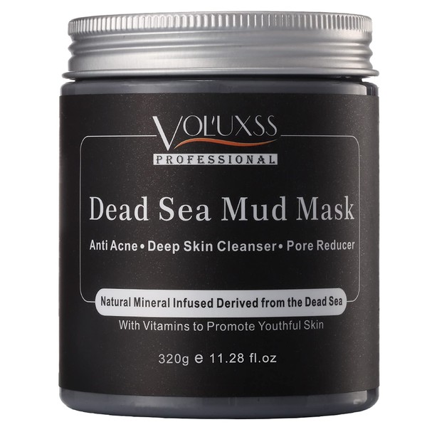 Voluxss Dead Sea Mud Mask for Face and Body,Deep Cleansing Face Mask for Acne,Pore Minimizer,Natural Skincare Charcoal Blackheads Remover,Skincare Spa Clay Facial Mask for Women & Men 11.28fl.oz