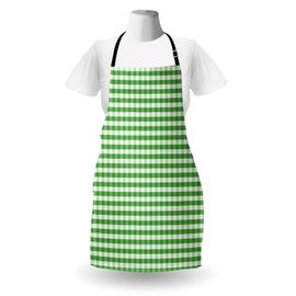Ambesonne Gingham Apron, Picnic Blanket Inspired Green and White Plaid Retro Gingham Checkered Pattern, Unisex Kitchen Bib with Adjustable Neck for Cooking Gardening, Adult Size, Green White