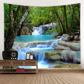 Forest Waterfall Water Print Fabric Tapestry Decorative Wall Art Tablecloth Bedspread Picnic Blanket Beach Throw Blanket Multifunctional for Bedroom Hall Dormitory Living Room Hanging 91 x 71 inches