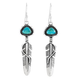 Feather Turquoise Earrings 925 Sterling Silver & Genuine Gemstone (Turquoise)