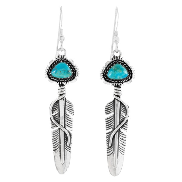 Feather Turquoise Earrings 925 Sterling Silver & Genuine Gemstone (Turquoise)