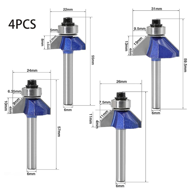 4 Pieces 6 mm Shank 45 Degree Chamfer Cutter Carbide