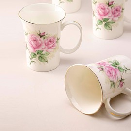 Gracie Bone China 10-Ounce Trumpet Mug, Pink Green Rose Bouquet, Set of 4