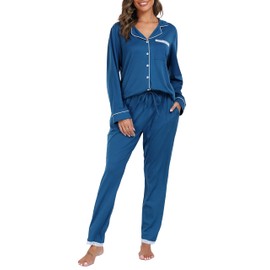 Vlazom Pyjamas Set for Women, Soft Two Pieces Pjs Sets Long Sleeve Button Down Tops and Pants Sleepwear Loungewear with Pockets Cobalt Blue,M