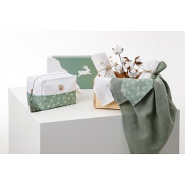 TEOS EMPORIUM 4,3,2,1,GO! - 100% Organic Muslin Cotton | Baby Essentials Set (10 pcs) - Unisex | 4 Burp Cloths, 3 Bibs, 2 Swaddles, 1 Canvas Tote Hand Bag | Suitable For 0-12 Month Baby