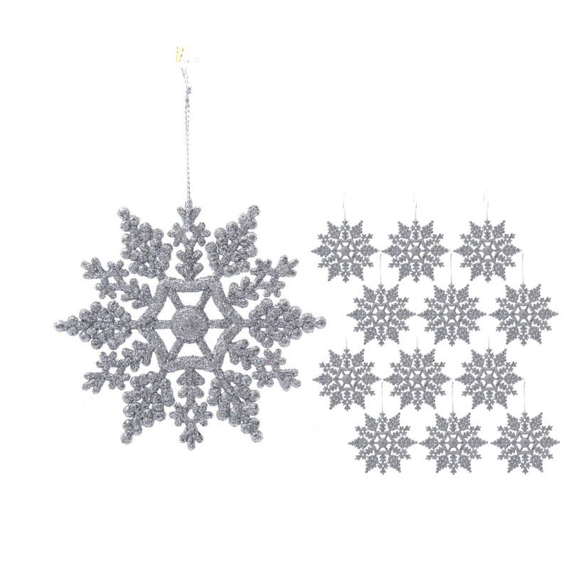 12pk Glitter Snowflake Hanging Decorations, Christmas Tree Snowflake Baubles/Ornaments (Silver)