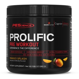 PEScience Prolific Pre Workout Powder for Men & Women with L Citrulline Nitric Oxide Booster, Energy Powder & Nootropic for Focus – Preworkout Without Beta Alanine – 40 Scoops, Mango Splash