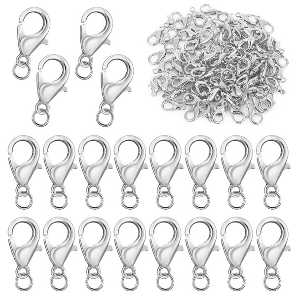 Grevosea 100pcs Curved Lobster Clasps, Alloy Lobster Clasp with 200 Open Jump Rings Silver Zinc Alloy Lobster Clasps Bracelet Clasps Necklace Clasps for Jewelry Making Accessory 7x12mm
