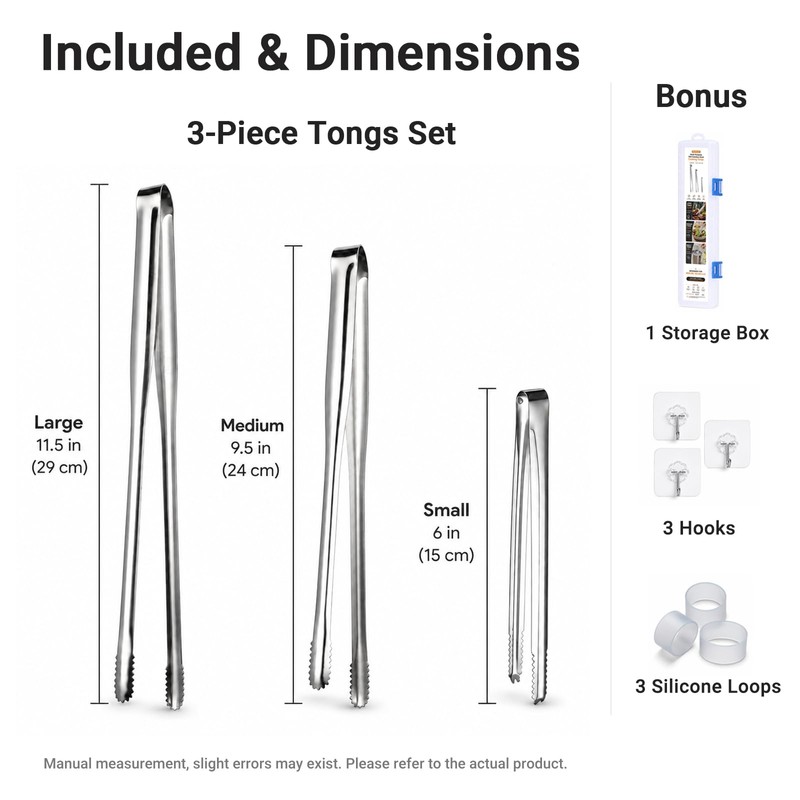 Foyohaven Stainless Steel Kitchen Tongs Set of 3, 6-11.5in Non-Slip