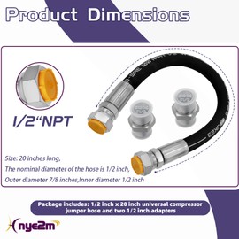 1/2" x 20" Stainless Steel Braided Air Compressor Discharge Hose - High Temp 320°F & Triple-Layer Burst Proof Design - Vibration Isolator Lead-in Hose with Two 1/2" Adapters