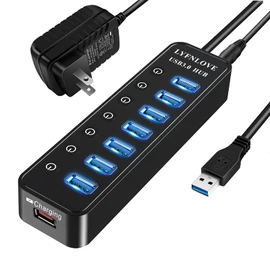 LYFNLOVE Powered USB Hub 3.0 Extender, Multiple Port Hub Splitter for Laptop PC with Power Adapter and 1 Charging Port, USB Expander with On/Off Switches for MacBook, iMac, Surface Pro