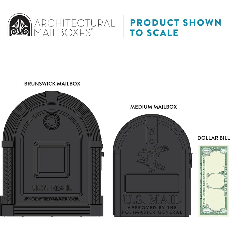 Brunswick Large, Steel, Post Mount Mailbox, Black with Brushed Nickel