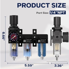 NEWPO 1/4" NPT Three Stage Air Drying System,air Pressure Regulator with 5＆0.01 Micron Filter Cartridge，Desiccant Dryer & Air Compressor Dryer, Metal Bowl Semi-Auto Drain