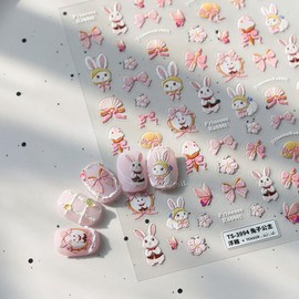 LIFOOST 5D Embossed Pink Rabbit Flower Nail Stickers for Nail Art Bows Blossom Nail Design Nail Art Stickers Spring Summer Floral Nail Decals Relief Petals Nail Sticker Nail Accessories