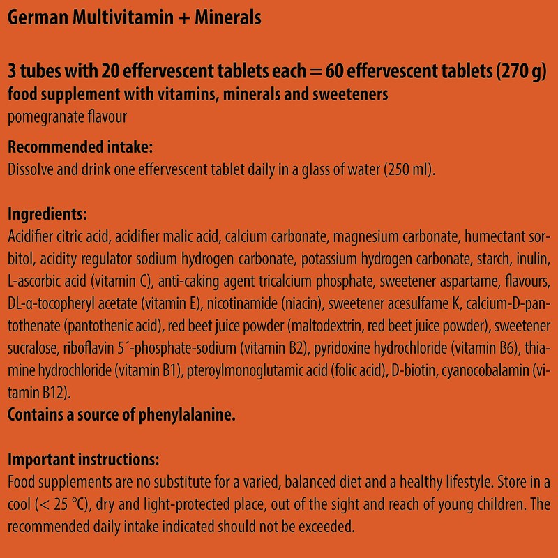 German Multivitamin + Mineralien Drink Effervescent Tablets 60 Servings Pomegranate