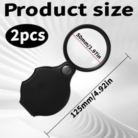 Pack of 2 Pocket Magnifier, Small Magnifying Glass, Keyring, 10x Pocket Magnifier, Foldable Reading Magnifier, Small Optical Glass with Leather Protective Cover for Reading Books, Newspapers, Maps,
