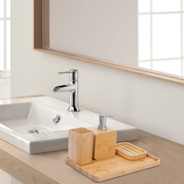 Asashizen 4Pcs Handmade Bamboo Sink & Bathroom Accessories Set Retro Set, Natural, Soap Dish Holder for Shower, Lotion Soap Dispenser, Mouthwash Cup, Rinse Cup, Organiser Tray for Hotel, House, Office