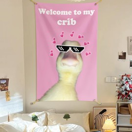 Welcome to My Crib Dazzling Color Tapestry, 3x5Ft Funny Duck Hanging Flags Polyester Duck Face Backdrop Tapestry Flag with 4 Brass Grommets for Dorm Room Home Decor (Pink)