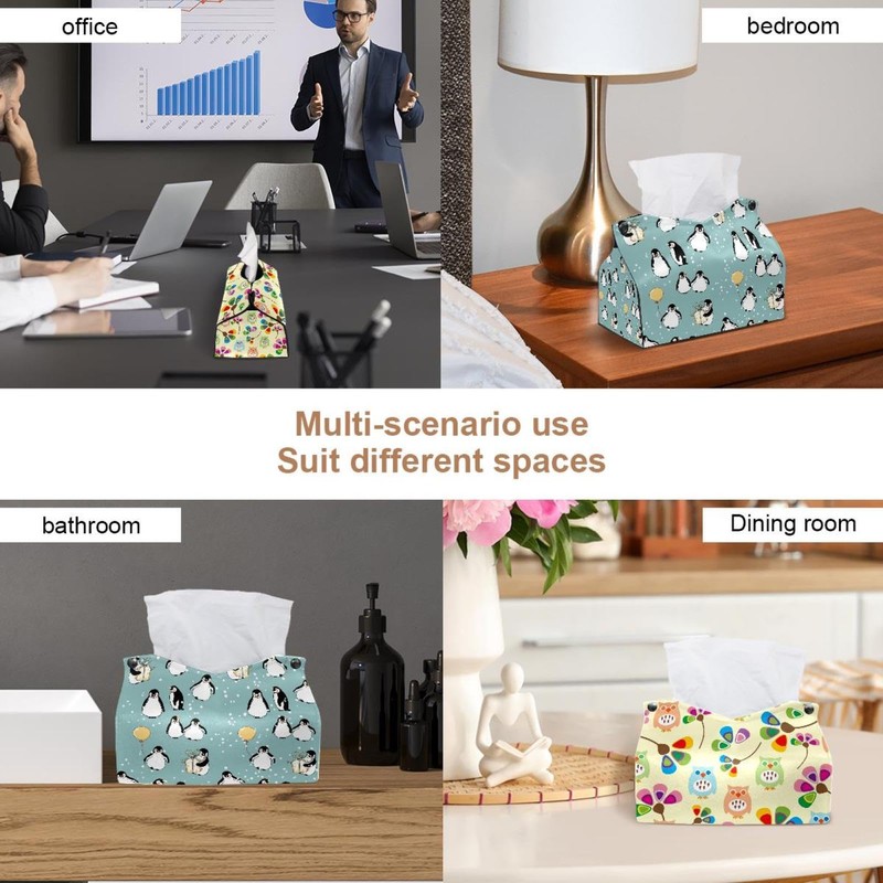 2 Pack Tissue Box Cover Holder, Cute Penguins Rectangle Leather