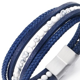 COOLSTEELANDBEYOND Multi-Strand White Gem Stone Bead Chain Blue Braided Leather Bracelet Wristband Steel Magnetic Clasp