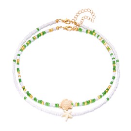 Boho Shell Necklace for Women, Seashell Choker Necklaces Pendant Layered Charm Puka Shell Necklace Adjustable Summer Beach Surfer Jewelry Hawaiian Women (Starfish&Turtles Green)