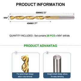 METALLIXITY 3.572mm Drill Bit (9/64") 20Pcs, 4241 High-Speed Steel Straight Shank Titanium Nitride (TiN) Coated 118° for Wood Plastic Iron Copper Aluminum Low Soft Metal